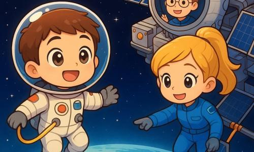 Ein staunender Junge-Astronaut mit kurzem braunem Haar und großen runden Augen in weißem Raumanzug mit bunten Abzeichen schwebt an einer gelben Leine und blickt auf die Erde; eine etwa 32-jährige Kollegin im blauen Anzug mit blondem Pferdeschwanz steht an der Lukenöffnung und sichert ein Solarpanel, lächelt und zeigt zur Erde; ein etwa 40-jähriger Kollege mit rundem Gesicht und Brille winkt aus der Beobachtungskuppel; Außenansicht der ISS mit glänzender grauer Metalloberfläche, dunkelblauen Solarpaneelen, orangefarbenen Schrauben, blauerweißer Erde darunter und funkelnden Sternen; Hauptsituation: chibi-kawaii-Weltraumausstieg, Staunen, schwebende Figuren, sanfte Gesten, leuchtende Farben, abgerundete Konturen, steil zur Erde gerichtete Perspektive; Stil: klare Linien, satte Farben, glatte Texturen, weiche Beleuchtung mit Reflexen auf den Helmen.