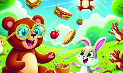 In a sunny meadow, a teddy bear named Benny, with soft brown fur, wears sparkling magical glasses. He has a big amazed smile on his face as he watches flying sandwiches in the air. Next to him, Lily the rabbit, with large ears and white fur, joyfully hops, her eyes sparkling with surprise. Max the squirrel, with his red fur and bushy tail, tries to catch a sandwich while laughing, and Toby the turtle, with his green shell and a amused expression, gently floats in the air, glasses on his head. The setting is a colorful meadow filled with dancing flowers and swaying trees under a bright blue sky. The scene shows Benny and his friends having a wacky adventure, surrounded by floating food and laughter, illustrating the magic and absurdity of their enchanted picnic.
