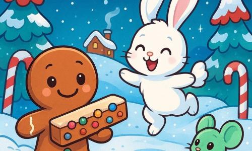 Ein kleiner Lebkuchen namens Herzchen, mit einem Zuckerlächeln und strahlenden Augen, steht im Mittelpunkt der Szene und hält ein mit Zuckerkugeln dekoriertes Nougatband. Neben ihm hüpft eine süße Marshmallow-Häsin namens Mallow, mit weichem, schneeweißem Fell und großen Ohren, die in der Luft flattern, vor Freude und steckt an. Eine kleine Pfefferminzmaus mit mintgrünem Fell und leuchtenden Augen schaut neugierig von einem kleinen Stein aus zu, während sie einen kleinen Zuckerstern hält. Die Szene spielt in einem zauberhaften Winter, umgeben von Zuckerstangenbäumen, die mit glitzerndem Schnee bedeckt sind, und einem sternenklaren Himmel, der die Landschaft in sanftem silbernen Licht erstrahlen lässt. In der Ferne sieht man den Gipfel eines Zuckergipfels, wo Elvinas Haus steht, umgeben von sanft fallenden Schneeflocken. Die Hauptsituation zeigt Herzchen und seine Freunde, die eine schöne Überraschung für Elvina vorbereiten, mit Lachen und fröhlichen Gesten, erfüllt von festlicher Wärme und aufrichtiger Freundschaft.