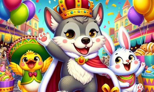 Un pequeño lobo, vestido con un traje de rey con una corona dorada y una capa roja, sonríe con entusiasmo mientras sostiene un gran sombrero colorido. A su lado, una alegre conejita de grandes orejas y pelaje blanco, que baila feliz, y un pato de plumas amarillas y verdes, que aplaude con una gran sonrisa. El decorado es una plaza de carnaval animada, llena de globos coloridos, serpentinas flotantes y mesas de dulces, bajo un cielo azul brillante. En el centro, el pequeño lobo y sus amigos descubren una caja brillante, rodeados de confeti que cae como estrellas. Todos están celebrando y compartiendo su tesoro, llenos de alegría y amistad.