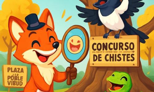 Un zorro travieso, Timo, con un pelaje pelirrojo brillante y una cola espesa, lleva un pequeño sombrero de mago. Muestra una gran sonrisa pícara, sosteniendo un espejo brillante que refleja imágenes divertidas. A su lado, una urraca de plumas negras y blancas, Matilde, se aferra a una rama, riendo a carcajadas con ojos chispeantes de alegría. Un poco más lejos, Lila, una lagartija verde con escamas brillantes, aplaude con entusiasmo, su pequeña cola moviéndose de emoción. La escena se desarrolla en la encantadora plaza del Roble Viejo, rodeada de grandes árboles con hojas doradas, donde flores coloridas bailan al ritmo del viento. En el centro, un gran roble majestuoso, con raíces retorcidas, sirve de escenario para el concurso de chistes. Timo, con su espejo mágico, está listo para hacer reír a todos los animales del bosque con sus travesuras, mientras las risas resuenan a su alrededor.