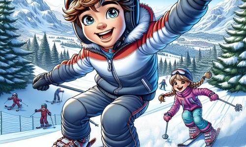 Un chico de 12 años, Lucas, con el cabello castaño desordenado y ojos brillantes de determinación, está bajando una pista de esquí nevada. Lleva un casco rojo brillante y un traje de esquí azul, su rostro radiante de emoción y alegría. A unos metros detrás de él está Clara, una chica de 12 años con trenzas rubias y una sonrisa alentadora, vestida con un traje de esquí rosa. Ella levanta los brazos en señal de ánimo, lista para unirse a él en la pista. El paisaje es una hermosa montaña cubierta de nieve, con pinos verdes oscuros dispersos y un cielo azul brillante con algunas nubes blancas. A lo lejos, se pueden ver otros esquiadores divirtiéndose en la pista, creando un ambiente alegre y dinámico. La situación principal muestra a Lucas en plena bajada, con los brazos extendidos para mantener el equilibrio, mientras se prepara para saltar sobre un pequeño trampolín, ilustrando el espíritu de aventura y camaradería entre él y Clara.