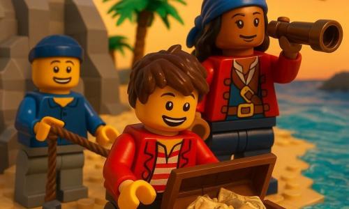 A smiling young pirate with messy brown hair and a red-striped jacket kneels by an open chest of crumpled paper maps and small books, amazed; Captain Molly, about 30, with a determined warm face and blue headscarf, stands behind him on the sand holding a plastic spyglass and looking to the horizon; First Mate Sam, about 14, laughing with a sailor hat, gently pulls an anchor rope left of the chest; the scene is a rocky cove with rounded grey brick rocks, light yellow tiled sand, stacked-piece green palm trees and small translucent blue brick waves, black frigate birds in brick form fly in formation against a pastel-orange sunset; they discover the true treasure—maps and stories—bathed in warm golden light with shiny reflections on the chest; visual style: detailed LEGO diorama, visible studs, smooth plastic textures, centered composition, slight high-angle showing the characters and chest.