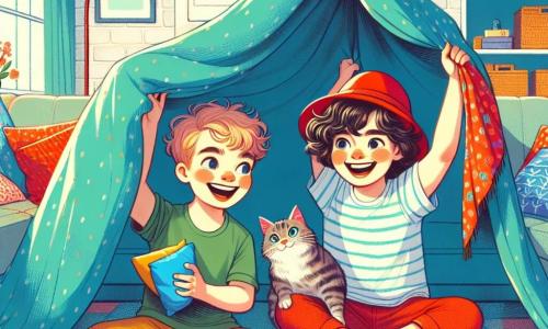 Ci sono due ragazzi, Luca e Marco, di 7 anni. Luca ha i capelli ricci e castani, con un grande sorriso che illumina il suo viso. È accovacciato, tenendo un cuscino blu vivo, pronto a metterlo sul mucchio. Marco, invece, indossa un cappello rosso che gli dà un'aria birichina. È in piedi, mentre tende una coperta colorata per fare il tetto della loro casa di cuscini. La scena si svolge in un salotto accogliente, con un grande divano morbido e tappeti colorati sul pavimento. I giocattoli sono sparsi intorno e la luce del sole filtra attraverso le tende, creando un'atmosfera gioiosa e accogliente. I due amici stanno costruendo una casa di cuscini, circondati da cuscini di tutti i colori. Ridono insieme, mentre un gattino curioso si avvicina, pronto a saltare sui cuscini e far cadere la loro creazione. L'atmosfera è piena di gioia e amicizia, illustrando un momento divertente e pieno di risate tra amici.