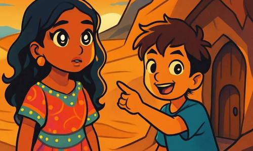 Samira, una niña con ojos brillantes como estrellas, está de pie al borde de un barranco, su rostro iluminado por la luz dorada del sol poniente. Lleva un vestido fluido de colores, adornado con cuentas brillantes, y su expresión es a la vez asombrada y decidida. A su lado, Idris, un niño de diez años con el cabello revuelto y una sonrisa traviesa, señala una puerta secreta oculta en la roca, su mirada llena de emoción. El escenario es un vasto desierto con dunas doradas, donde el viento dibuja patrones en la arena fina, y un cielo azul se tiñe de tonos anaranjados en el horizonte. La escena está llena de misterio y magia, con sombras danzantes creadas por los últimos destellos del día. Samira e Idris descubren juntos la puerta oculta que lleva a la legendaria Ciudad Olvidada, un momento de descubrimiento y aventura, donde la curiosidad y la amistad los guían hacia lo desconocido.