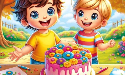 Un bambino di 4 anni, chiamato Luca, ha i capelli castani disordinati e occhi scintillanti di gioia. Indossa una maglietta gialla e un pantaloncino blu, sorridendo ampiamente mentre tiene in mano una bella torta rosa decorata con fiori colorati. Accanto a lui c'è il suo amico Marco, anche lui di 4 anni, con capelli biondi e un berretto rosso. Guarda Luca con un grande sorriso, pronto ad aiutarlo a sorprendere la mamma. La scena si svolge in un parco soleggiato, pieno di verde, con alberi dalle foglie brillanti e fiori colorati che danzano al vento. Palloncini fluttuano nell'aria, aggiungendo un tocco festoso all'atmosfera gioiosa. Luca e Marco stanno preparando una sorpresa per la festa della mamma, con disegni di fiori colorati sparsi su un tavolo di legno, mentre ridono e si divertono insieme, impazienti di rivelare il loro regalo alla mamma di Luca.