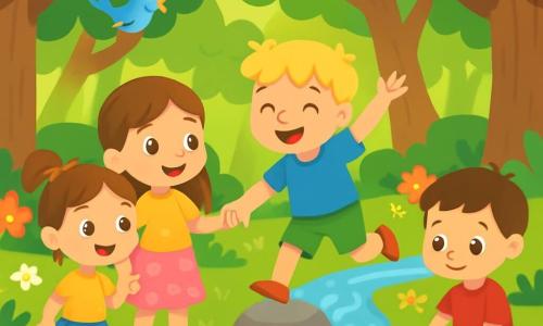 Es gibt 4 Kinder: - Lena: ein 6-jähriges Mädchen mit langen braunen Haaren und funkelnden Augen. Sie trägt ein rosa Blumenkleid und steht neugierig am kleinen Bach. - Tom: ein 7-jähriger Junge mit zerzausten blonden Haaren und einem schelmischen Lächeln. Er trägt ein blaues T-Shirt und grüne Shorts und springt fröhlich auf einem Stein neben Lena. - Mia: ein 6-jähriges Mädchen mit kastanienbraunen Haaren und Zöpfen. Sie trägt eine gelbe Bluse und eine Jeansshorts und hält Lenas Hand, um ihr den Weg zu zeigen. - Ben: ein 5-jähriger Junge mit braunen Haaren und runden Augen. Er trägt ein rotes T-Shirt und Sandalen und sitzt im Gras und spielt mit Steinen. Die Hauptsituation spielt in einem verzauberten Wald mit großen Bäumen und glänzenden grünen Blättern. Ein kleiner Bach glitzert in der Sonne und schlängelt sich zwischen glatten Steinen und bunten Blumen. Vögel singen in den Ästen, und Lichtstrahlen filtern durch das Laub. Die Kinder erkunden den Bach, lachen und spielen zusammen. Lena wird mutiger, während sie Mias Hand hält, während Tom und Ben fröhlich von Stein zu Stein springen und Wasserspritzer erzeugen.