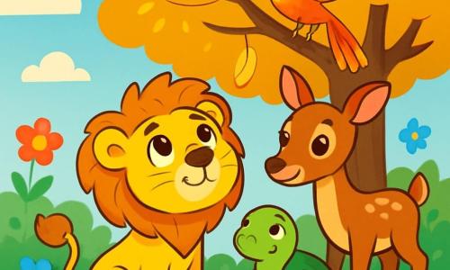 A small lion named Leo, with soft golden fur and a sparkling curious gaze, stands at the center of the scene, his heart beating with excitement. He has a tuft of fur at the end of his tail and his eyes shine with determination as he looks up at the sky. Beside him, Daisy the gentle doe, with her brown coat and big affectionate eyes, leans in to encourage him, her delicate paws on the lush ground. Toby the wise turtle, with his shiny shell and mischievous eyes, stands slightly back, watching with a kind smile. The scene takes place in a magical garden filled with brightly colored flowers—red, blue, yellow, and pink—that dance in the light breeze. A large tree with golden leaves stands majestically at the center, bathed in golden light. Leo, Daisy, and Toby stand before the magnificent tree, Leo looking up with hope, ready to ask for the golden feather from the wise Phoenix perched on a branch.