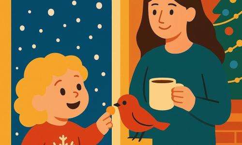 Een vierjarig meisje, Luna, met blonde krullende haren en sprankelende ogen, kijkt vol verwondering uit het raam. Ze draagt een rode trui met sneeuwvlokmotieven. Een rood vogeltje zit op de vensterbank met een klein stukje koek in zijn snavel. Op de achtergrond glimlacht een ongeveer 30-jarige moeder met lang bruin haar teder terwijl ze een kop warme chocolademelk vasthoudt. Ze staat naast Luna, bij een kerstboom versierd met lichtslingers en kleurrijke ballen. De scène speelt zich af in een warme woonkamer met pastelkleuren en een knisperende open haard. De situatie toont Luna die een stukje koek naar het vogeltje uitsteekt, terwijl buiten zachtjes sneeuwvlokken vallen en een magische, feestelijke sfeer creëren.