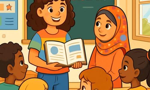 A 12-year-old girl, Maya, with curly brown hair and sparkling eyes, stands with a warm smile, showing determination and pride. She wears a colorful t-shirt and jeans, holding an open book in her hands. Next to her, Amira, another 12-year-old girl with black hair and olive skin, wears a pretty colorful scarf on her head. She looks at Maya with admiration, her eyes shining with gratitude. The setting is a bright classroom with colorful posters on the walls, wooden desks, and windows letting in sunlight. On a blackboard, words about diversity are written in colorful letters. The main scene shows Maya and Amira sharing a presentation about their respective cultures, surrounded by curious and attentive classmates, creating an atmosphere of joy and acceptance.