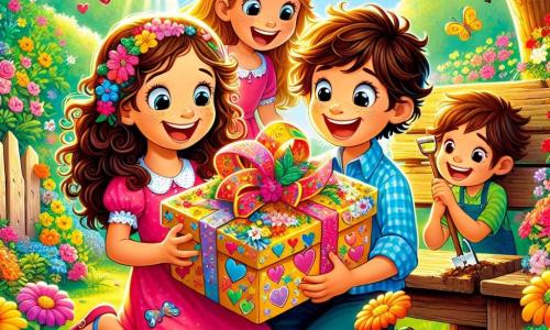 Em um jardim colorido, Lúcia, uma menina de 10 anos com cabelos cacheados e um sorriso radiante, está no centro, segurando um lindo cartão decorado com corações e estrelas. À sua esquerda, Ana, uma menina de 9 anos com cabelos longos e lisos, usa um vestido rosa e olha para o cartão com admiração. À direita, Tomás, um menino de 10 anos com cabelos castanhos bagunçados, sorri segurando uma pequena pá, pronto para ajudar a plantar flores. O jardim está cheio de flores vibrantes de todas as cores, com borboletas voando ao redor. Um velho banco de madeira está sob uma grande árvore, e raios de sol filtram pelas folhas, criando uma atmosfera calorosa e alegre. A cena principal mostra Lúcia, cercada por seus amigos, preparando um presente especial para seu pai, com risadas e um clima de camaradagem.