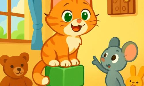 Pippa, een kleine kat met zachte, zijdeachtige vacht, zit op een stapel gekleurde blokken, haar nieuwsgierige gezicht verlicht door een grote glimlach. Haar sprankelende groene ogen blinken van opwinding terwijl ze naar een kleine houten deur kijkt, versierd met delicate patronen, bovenaan de muur. Naast haar kijkt Flip, een kleine muis met grijze vacht en grote oren, met ronde, verwonderde ogen toe, zijn kleine lichaam trilt van enthousiasme. Hij staat op een speelgoeddoos en wijst naar de mysterieuze deur. De scène speelt zich af in een warme kinderkamer, gevuld met kleurrijk speelgoed, zachte knuffels en stralen licht die door het raam filteren, waardoor de ruimte vrolijk verlicht wordt. Pippa en Flip zijn klaar om op avontuur te gaan en te ontdekken wat er achter de geheime deur schuilgaat, hun harten kloppend van opwinding en nieuwsgierigheid.