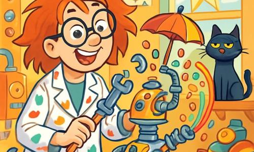 An inventor woman, Professor Pip, with messy hair and round glasses, smiles excitedly, her eyes sparkling with imagination. She wears a colorful lab coat covered in paint splatters and holds a tool in her hand, surrounded by various quirky gadgets. Next to her, her cat Sir Whiskerton, a black cat with bright green eyes, stands on a shelf, observing nonchalantly as if mocking the invention. The scene takes place in a bright workshop filled with strange machines, scattered toolboxes, and colorful drawings on the walls. Sunlight filters through a star-shaped window, illuminating piles of toys and pieces of metal. Professor Pip is working on her whimsical invention: a machine that automatically opens an umbrella while dispensing jellybeans. She is focused, adjusting shiny parts, as a rainbow of jellybeans bursts from the machine, creating an explosion of colors in the workshop.