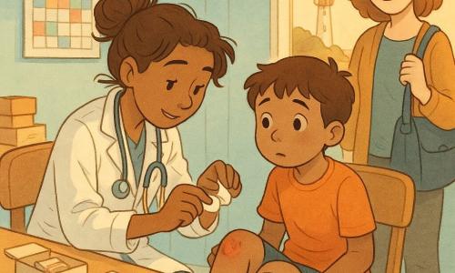 O femeie doctor tânără, zâmbitoare și liniștitoare, păr brun prins într-un coc ușor dezordonat, stetoscop la gât și halat alb mare, aplecată și concentrată, examinând cu gesturi blânde o mică rană; un băiat de circa 8 ani, Toma, cu genunchii juliti și un pansament cu căpșuni, față puțin anxioasă dar curioasă, stând pe un scaun; mama lui, aproximativ 35 de ani, îngrijorată dar ușurată, în picioare în spatele băiatului cu o geantă, zâmbind timid; cabinet mic și luminos cu fereastră spre mare și un far în depărtare, pereți albastru pal, masă din lemn deschis, calendar colorat, un peștișor din plastic și cutii de pansamente vizibile; moment calm de îngrijire: doctorița curăță rana cu o compresă, aplică un pansament mare decorat cu o broască țestoasă și spune cuvinte liniștitoare; lumină caldă de după-amiază, atmosferă blândă și sigură; culori pastel, linii rotunjite, texturi de hârtie și acuarelă, expresii faciale clare și gesturi expresive.