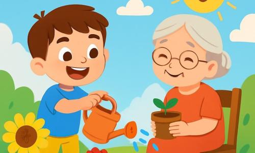 Een 4-jarig jongetje, Samir, met bruin haar en sprankelende ogen, glimlacht breed terwijl hij kleurrijke bloemen in de tuin water geeft. Hij draagt een felblauw t-shirt en een gele short, en hij lijkt erg gelukkig met een glinstering van opwinding op zijn gezicht. Naast hem zit zijn grootmoeder, een oudere vrouw met grijs haar en een zachte glimlach, op een houten stoel, terwijl ze een kleine potplant vasthoudt. Ze kijkt met trots en tederheid naar Samir. De tuin is gevuld met stralende bloemen, zoals rode rozen, gele zonnebloemen en viooltjes, onder een helderblauwe lucht met donzige witte wolken. De zon schijnt zachtjes en verlicht de scène met een warme gloed. Samir is vrolijk bezig met het water geven van de bloemen, terwijl zijn grootmoeder hem aanmoedigt met lieve woorden, wat een sfeer van geluk en delen creëert.