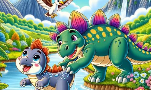 A young stegosaurus named Spike, with colorful plates on his back and a determined look, stands by a river, surrounded by fresh green leaves. He has a focused expression as he uses his strong tail to help a young Brachiosaurus named Bella, who is stuck in the mud, her big eyes full of hope. Pippa, a small pterodactyl with shiny wings, flies around them, enthusiastically encouraging Spike, her feathers sparkling in the sun. In the background, the valley is filled with majestic mountains, shimmering waterfalls, and colorful flowers, creating a magical and welcoming atmosphere. The scene shows Spike pulling Bella out of the mud, illustrating the spirit of teamwork and friendship among dinosaurs.