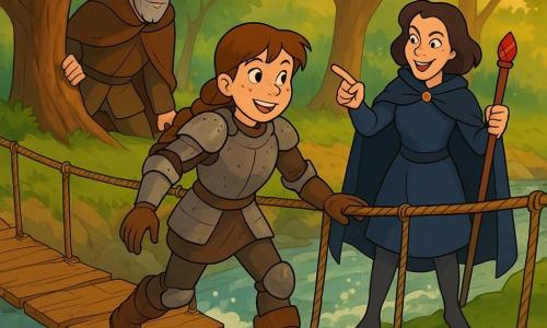 A young female knight of about 12, Elinor, round-faced with freckles and brown braided hair, wearing worn light plate armor and muddy leather boots, determined and joyful as she cautiously crosses a rickety rope bridge, right hand gripping the railing and foot on a cracked plank; Dame Mirabel, about 35, in a short midnight-blue knight's dress and cape, holding a ruby-topped staff and smiling mischievously while pointing; Sir Alderic, about 60, in a brown cloak with grey hair, perched on a low oak branch watching encouragemently; below, a roaring river with white splashes, grey rocks and green moss, tall trees with stripped trunks and golden sunbeams filtering through leaves — a safe, heroic, gently tense adventure scene with warm contrasting colors, clear lines and rounded forms.