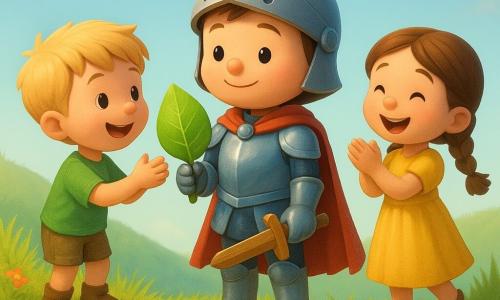 A young boy knight with a round face and gentle smile, small helmet, shiny red cape and smooth silver-blue armor holds a small wooden sword and offers a large green leaf like a medal; a ~5-year-old girl with braided brown hair in a yellow dress applauds to his right and a ~6-year-old blond boy in a green tee stands on a small mound to his left receiving the leaf; they stand on a grassy hilltop under a pale blue sky with tall blades of grass, simple red and white flowers, a sparkling stream below and a worn brown rope bridge the knight has just crossed; bright, warm late-afternoon light, vivid colors, centered composition, warm expressions, soft rounded toddler-friendly style.