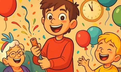 A 12-year-old boy with messy brown hair and sparkling eyes stands in the center of the room, wearing a bright red sweater and a paper party hat. His face is lit up by a wide smile, showing his excitement for the New Year’s party. Next to him, his 8-year-old little brother, with blonde hair and chubby cheeks, clumsily juggles colorful balloons, laughing heartily. Their 70-year-old grandmother sits on the couch, surrounded by confetti and wearing a feathered hat, joyfully watching the boys. The room is decorated with shimmering garlands, floating balloons, and a large golden clock showing nearly midnight. In the background, a table is laden with festive food and sparkling drinks. The main scene shows the boy ready to pull a string to release a shower of colorful confetti, while his brother and grandmother cheer him on with laughter, creating a festive and joyful atmosphere.
