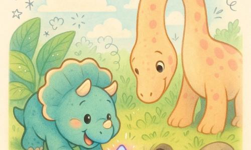 Tico, um triceratops redondo e macio, olhos brilhantes e largo sorriso, empurra com o focinho uma pequena pedra-estrela azul-rosa que cintila e solta partículas brilhantes; Lala, um dinossauro de pescoço comprido com pele em tons pastel e olhos ternos, inclina o pescoço para tirar a pedra de um pequeno buraco ao lado de Tico e o observa com afeto; cenário: clareira verde com folhas grandes e úmidas, uma poça que reflete cores do arco-íris, pedras lisas e céu com nuvens fofas; momento caloroso e luminoso de cooperação para salvar a pedra, atmosfera colorida, texturas suaves, traços arredondados e paleta pastel, com pequenos doodles de estrelas e gotas ao redor.