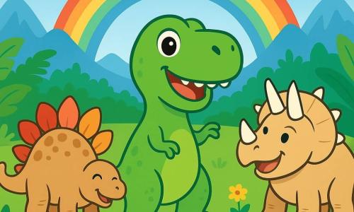 A small Tyrannosaurus Rex named Tino, with bright green skin and sparkling curious eyes, stands at the center of the scene, a big smile on his joyful face. To his right, a triceratops named Dina, with her shiny three horns and beige skin, laughs at Tino, her sturdy legs planted in the soft grass. On the left, Sammy, a stegosaurus with colorful plates and a spiky tail, happily swings his tail, ready to play. The setting is a magical valley filled with large green ferns, vibrant flowers, and distant mountains under a clear blue sky. In the background, a shimmering rainbow appears after a light rain. The main situation shows Tino, excited and ready for adventure, while his friends encourage him to explore the wonders of their prehistoric world.