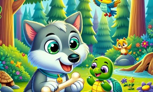 Un pequeño lobo llamado Lolo, con un pelaje gris y ojos brillantes de curiosidad, sostiene un hueso brillante en sus patas delanteras, mostrando una gran sonrisa de emoción. A su lado, su mejor amiga, una tortuga llamada Tula, con un caparazón verde y ojos traviesos, mira el hueso con asombro, inclinándose ligeramente hacia adelante. En el fondo, un pájaro colorido, Pipo, con plumas amarillas y azules, vuela alegremente, cantando y observando la escena con una expresión juguetona. El escenario es un magnífico bosque encantado, con árboles majestuosos de troncos gruesos, flores vibrantes de todos los colores y un suave rayo de sol filtrándose a través de las hojas. La situación principal muestra a Lolo, Tula y Pipo descubriendo el misterio del hueso brillante, rodeados de la belleza de la naturaleza, listos para divertirse y compartir su alegría de estar juntos.