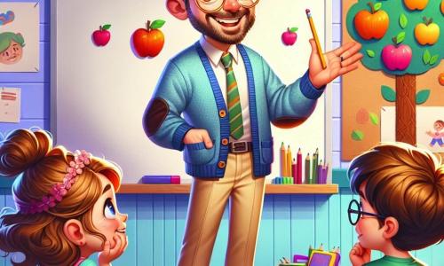 A smiling teacher in his forties, with slightly tousled brown hair and round glasses, stands in front of a whiteboard. He wears a blue cardigan with velvet elbows and beige pants. His expression is joyful and encouraging, and his eyes sparkle with enthusiasm as he points to paper apples hanging from a cardboard tree. Next to him, a 7-year-old girl named Maya, with curly hair and a pink dress, raises her hand curiously, looking at the teacher with admiration while holding a pencil. A 6-year-old boy, Nate, wearing glasses and a green t-shirt, sits on a cushion, looking thoughtful as he counts on his fingers. The scene takes place in a bright classroom filled with vibrant colors, with walls decorated with children's drawings and colorful numbers. A reading corner with soft cushions and a moon-shaped lamp adds warmth to the atmosphere. The teacher enthusiastically explains how to subtract paper apples, while the children listen attentively, their faces lit up with curiosity and excitement for learning.
