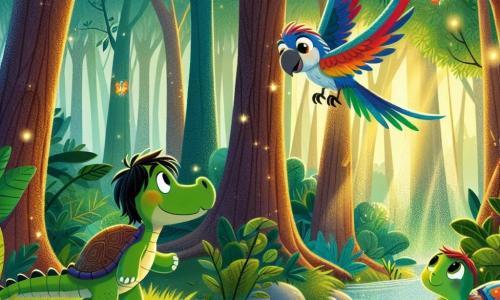 Un giovane coccodrillo di nome Carlo, con una pelle verde brillante e grandi occhi curiosi, si trova sulla riva di un ruscello, con un sorriso gioioso sul volto, pronto per l'avventura. Accanto a lui, Gina la tartaruga, una tartaruga saggia con un guscio colorato e occhiali rotondi, osserva attentamente il ruscello, riflettendo sul modo migliore per attraversarlo. Leo il pappagallo, un pappagallo dalle piume rosse e blu, vola sopra di loro, con le ali spiegate, pronto a guidarli. Il contesto è una foresta magica, con alberi maestosi e foglie verdi scintillanti sotto i raggi del sole, e lucciole che illuminano l'aria con la loro dolce luce. La scena principale mostra Carlo, Gina e Leo uniti nel tentativo di costruire un ponte di rami per attraversare il ruscello, simboleggiando il loro coraggio e la loro amicizia.