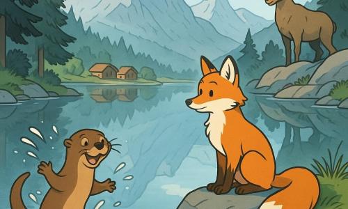 Een antropomorfe roodvos (jongvolwassen) zit op een klein rotsrichel, verwonderd en kalm, feloranje vacht met witte borst, slank snoet en grote pluimstaart in een lus, kijkend naar het spiegelende water; een gladde bruine otter dichtbij de oever links voorgrond, vrolijk en speels, spat zacht met haar poten; een majestueuze almibex op een hoge rotskam rechtsachter als waakzame figuur; locatie: een zeer rustig alpenmeer dat bergen en wolken weerspiegelt, dicht opeengepakte houten huisjes aan de oever, koele kleuren met lichte mist, natte blauwgrijze rotsen, wilde grassen en donkere dennen; situatie: moment van contemplatie na een reis — de vos kijkt naar het stille meer, de otter speelt en de ibex waakt vanuit hoogte, zachte ochtendlichtsfeer, vredig en licht magisch.