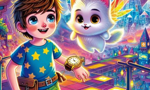 Un niño de 9 años, Leo, se encuentra en el centro de la imagen, con el cabello castaño despeinado y ojos brillantes de curiosidad. Lleva una camiseta azul con estrellas y un pantalón corto verde, sosteniendo un antiguo y brillante reloj de oro en su muñeca, su rostro irradia emoción y asombro. A su lado, Nimbus, un enorme gato volador de colores vivos, con alas translúcidas y una sonrisa amigable, flota en el aire, listo para acompañarlo en la aventura. Al fondo, la ciudad de Fantasía Métrica se extiende, con edificios en forma de números y árboles con hojas de cristal que brillan bajo un cielo colorido, creando una atmósfera mágica y vibrante. La escena muestra a Leo y Nimbus preparándose para entrar en la majestuosa Torre de la Sabiduría, de la cual emana una luz brillante, simbolizando la búsqueda de Leo para desbloquear el poder de su reloj mágico.