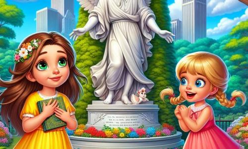 A 6-year-old girl named Emma, with long brown hair and sparkling curious eyes, wears a bright yellow dress. She stands in front of a marble statue, arms outstretched, with a big amazed smile on her face, listening attentively to the statue's soft whisper. Next to her, her best friend Lily, also 6, has braided blonde hair and wears a pink dress. She looks at Emma with wide eyes, full of excitement, while holding a small notebook in her hands. The setting is Central Park, with tall green trees, colorful flowers, and a light blue sky dotted with fluffy white clouds. The statue, depicting a man with a book, stands majestically amid a flower bed. The scene conveys an atmosphere of magic and adventure as Emma and Lily discover the secret of the whispering statue.