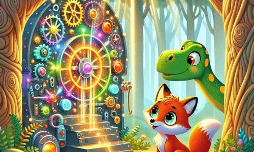 Ein junger Fuchs mit funkelnden Augen und strahlend rotem Fell steht in der Mitte der Szene, mit einem Ausdruck von Neugier und Staunen im Gesicht. Er erkundet eine geheimnisvolle, glänzende Maschine, die mit bunten Lichtern und funkelnden Zahnrädern geschmückt ist und voller Energie zu vibrieren scheint. Neben ihm schaut ein großer Diplodocus mit langem Hals und grüner Haut mit gelben Flecken den Fuchs freundlich an, seine Augen strahlen Wohlwollen aus. Er steht leicht im Hintergrund und beobachtet die Maschine mit einem neugierigen Blick. Die Szenerie ist eine sonnige Lichtung, umgeben von hohen, knorrigen Bäumen mit üppigem Laub, durch das Lichtstrahlen filtern und eine magische Atmosphäre schaffen. Die Hauptsituation zeigt den Fuchs, der fasziniert bereit ist, einen Hebel der Maschine zu betätigen, während der Diplodocus ihn freundlich ermutigt, was eine Szene voller Abenteuer und Geheimnis schafft.
