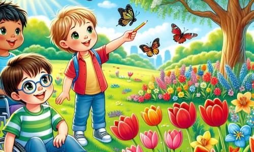 In einem Frühlingsgarten spielen vier Kinder fröhlich. Luca, ein 8-jähriger Junge mit braunen Haaren und einer Brille, sitzt auf dem Gras und hält einen bunten Stift. Neben ihm zeigt Max, ein 7-jähriger Junge mit blonden Haaren und funkelnden Augen, einen schönen Schmetterling. Tim, ein 6-jähriger Junge mit schwarzen Haaren und einem strahlenden Lächeln, steht und zeigt auf einen blühenden Baum. Schließlich sitzt Jonas, ein 9-jähriger Junge mit kastanienbraunen Haaren und einem breiten Lächeln, in seinem Rollstuhl, umgeben von seinen Freunden, und schaut staunend zum Himmel.

Der Garten ist voller bunter Blumen: rote Tulpen, gelbe Narzissen und blaue Veilchen. Die Sonne scheint und erhellt die Gesichter der Kinder. Ein großer Baum mit einladendem Schatten steht in der Mitte, seine Äste sind mit weißen und rosa Blumen bedeckt.

Die Kinder zeichnen Blumen und Landschaften auf Papier, lachen und haben Spaß, während ein kleiner Vogel fröhlich auf einem nahegelegenen Ast singt.