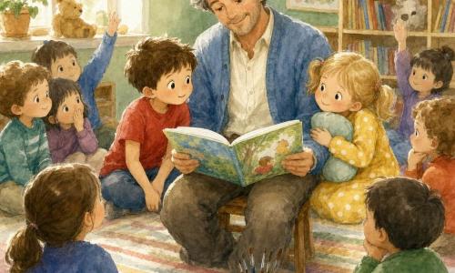 Ein lächelnder, ruhiger Lehrer mittleren Alters mit leicht zerzausten grauen Haaren, hellblauer Wolljacke und cremefarbener Hemd sitzt auf einem kleinen Holzschemel und liest ein großes, buntes Buch; links von ihm sitzt ein aufmerksamer sechsjähriger Junge mit kurzem braunem Haar und rotem T‑Shirt, rechts eine fünfjährige blonden Zöpfe tragende Mädchen im gelben gepunkteten Kleid, die ein weiches Kissen hält und lächelt; weitere Kinder (4–6 Jahre) in bunten Kleidern sitzen im Hintergrund im Kreis auf einem gestreiften Teppich, einige tuscheln, andere heben die Hand; der kleine, warme Klassenraum hat pastellgrüne Wände, Holzregale mit bunten Büchern und Kuscheltieren, große Fenster mit sanftem Licht, und Pinsel mit Aquarellfarben liegen auf einem Tisch neben dem Schemel — ruhige, gemütliche Vorlesesituation mit aufmerksamer, tröstlicher Atmosphäre.