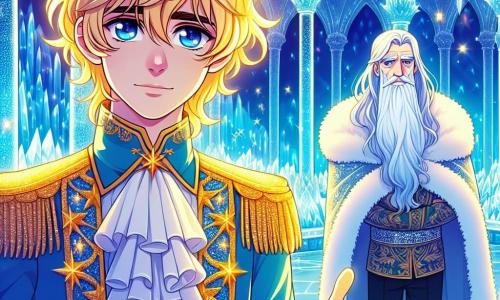 Un giovane principe di nome Armin, di circa 15 anni, si trova coraggiosamente al centro della scena. Ha capelli dorati che brillano come il sole al tramonto e occhi blu profondo, pieni di determinazione. Il suo volto esprime una dolce nervosità, mentre indossa una tunica elegante decorata con motivi stellati e pantaloni di velluto. Sta tendendo la mano verso il Re Gelido, un re imponente di circa cinquant'anni, con una lunga barba bianca e occhi blu ghiacciati, che si trova a pochi passi da lui, con un'espressione pensierosa. Il luogo è un maestoso castello di ghiaccio, con muri scintillanti e colonne scolpite nel cristallo, illuminato da raggi di luce che filtrano attraverso finestre a forma di fiocco di neve. Fiocchi di neve cadono dolcemente intorno a loro, creando un'atmosfera magica e incantevole. La scena principale mostra Armin che plede per la pace, alzando la mano con speranza, mentre il Re Gelido, toccato dalle sue parole, inizia a ammorbidire la sua espressione severa, lasciando trasparire un barlume di calore nei suoi occhi di ghiaccio.