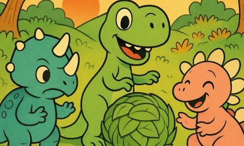 Un pequeño Tyrannosaurus Rex llamado Tito, verde claro con grandes ojos redondos, dientes no amenazantes, patas cortas y larga cola flexible, sonríe mientras empuja suavemente una gran pelota de hojas; Dino, el tricératops azul de tres cuernos y caparazón texturizado, a la izquierda primero parece contrariado y luego alegre, listo para aplaudir; Rina, el anquilosaurio/estegosaurio rosa pálido con placas redondeadas en la espalda, a la derecha golpea la pelota con la cola y se ríe; al fondo, pequeños dinosaurios de colores forman un círculo aplaudiendo y saltando; todo ocurre en un claro luminoso de un gran bosque con troncos sinuosos, flores estilizadas, césped ondulado, montañas redondeadas y un cielo de atardecer cálido; escena principal: los tres amigos juegan con la pelota de hojas en un ambiente alegre y seguro.
