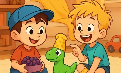 Two main characters: a 4-year-old brown-haired boy with a blue cap and round cheeks sitting on the left holding a small box of grapes and smiling at a toy, and a 4-year-old blond boy with tousled hair and yellow duck-pattern socks sitting on the right, laughing and pointing at a bright green plastic toy dinosaur wearing a yellow duck-pattern sock on its head; the dinosaur sits between them. Warm daytime living room with a cream plush rug, a yellow wool blanket folded like a sun on the couch, a low shelf with colorful books and a teddy bear, soft light from a window with striped curtains, scattered toys (red car, blue cushion). They have opened their treasure under the blanket and are preparing a small picnic with apples and grapes; joyful, safe atmosphere, clear composition, saturated contrasting colors, large readable expressions, 3D cartoon cel-shading style with sharp shadows and defined outlines.