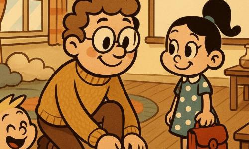 A round-faced smiling male teacher with light brown curly hair, brown eyes, wearing a mustard wool sweater and round glasses kneels to gently tie a pupil's shoe, warm attentive expression; to his right a 7-year-old girl with a black ponytail in a blue polka-dot dress holds a red satchel and watches admiringly by a colorful rug; to his left a laughing 6-year-old boy with short blond hair and a green t-shirt plays with a box of crayons on the science table; bright classroom with cream walls, a large window with a striped curtain, a reading corner with cloud cushions, a wooden table with curious objects and a large whiteboard—calm morning scene with warm colors, clear contrasts and visible wool and wood textures.