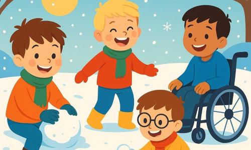Ci sono 4 bambini: Leo, un ragazzo di 6 anni con capelli castani e un sorriso splendente, seduto sulla neve mentre modella una palla di neve; Tommi, un ragazzo di 5 anni con capelli biondi e guance rosa, in piedi e ridendo con stivali che affondano nella neve; Gigi, un ragazzo di 6 anni con occhiali e capelli castani, accovacciato con un secchiello di neve pronto a fare una tortina; Nico, un ragazzo di 7 anni con capelli neri e un grande sorriso, seduto su una sedia a rotelle, osserva felice i suoi amici. Il luogo è un giardino d'inverno coperto da uno spesso strato di neve scintillante sotto il sole al tramonto, con alberi spogli intorno e fiocchi di neve che cadono dolcemente dal cielo blu chiaro, creando un'atmosfera magica. I bambini giocano insieme nella neve, ridendo e divertendosi a fare palle di neve e tortine, mentre Nico li incoraggia dalla sua sedia a rotelle.
