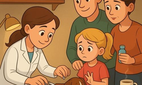 Weterynarka z łagodnym uśmiechem, spiętymi kasztanowymi włosami w kucyk, klęczy i pęsetą wyjmuje drzazgę z poduszki psiej łapy; obok Zosia (ok. 5–6 lat) z blond kitkami, najpierw zaniepokojona, potem uspokojona, liczy na palcach siedząc na stołku; ojciec w casualowym ubraniu stoi za nią z kocem, dłoń na jej ramieniu, matka z ciemnym włosem w koku pochyla się trzymając buteleczkę wody; mały pies Bąbel, krótkowłosy brązowy z białymi plamami, leży na niebieskim kocu z częściowo zabandażowaną przednią łapą i merda ogonem; niewielka, przytulna izba weterynaryjna o ciepłym, żółtym świetle, półka z słoikami i opakowaniami, tapicerowany stół do badania, stetoskop i kolorowe plastry oraz parująca filiżanka herbaty w rogu — scena spokojna i czuła.