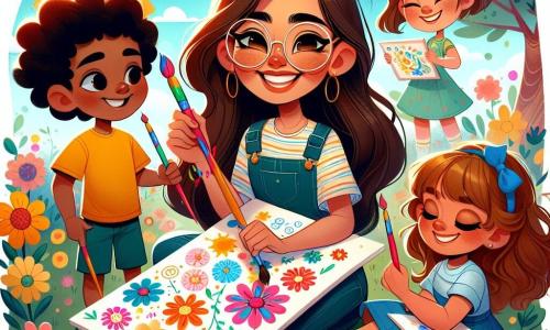 Clara, uma mulher alegre com longos cabelos castanhos e óculos redondos, sorri amplamente enquanto segura um pincel colorido na mão. Ela está cercada por cores vibrantes, pintando um grande papel branco com padrões de flores e sol, expressando sua paixão pela arte. Lucas, um menino de 7 anos com cabelos cacheados e uma camiseta amarela, está sentado ao seu lado, segurando um pincel em forma de sol, com um grande sorriso no rosto. Sofia, uma menina de 6 anos com cabelos longos e loiros, está do outro lado, pintando flores multicoloridas, com os olhos brilhando de excitação. Pedro, um menino de 8 anos com óculos e cabelos castanhos, se concentra em uma grande árvore que está desenhando, sentado um pouco afastado. A cena acontece em um parque ensolarado, cercado por árvores verdes e flores coloridas, sob um céu azul brilhante. Risadas de crianças e explosões de cores flutuam no ar, criando uma atmosfera alegre e criativa. A situação principal mostra Clara e as crianças pintando juntas, compartilhando risadas e histórias, enquanto criam uma linda exposição de arte ao ar livre.