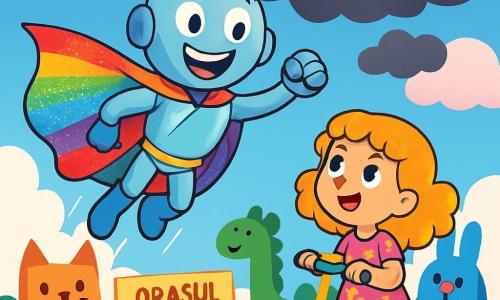 Super-Robo, un bărbat cu un corp argintiu strălucitor și ochi sclipitori, plutește în aer cu un zâmbet mare pe față. Poartă o pelerină multicoloră care strălucește sub soare. Lângă el, o fetiță de 7 ani, pe nume Lila, cu părul buclat și auriu, se uită cu uimire, ținând o trotinetă luminoasă. Poartă o rochie roz cu stele și pare încântată. Scena se desfășoară în orașul magic Orașul Zâmbetelor, unde clădirile au forme de animale colorate și norii sunt pufoși ca vata de zahăr. Cerul este de un albastru strălucitor, dar un nor mare și gri amenințător plutește deasupra, întunecând atmosfera veselă. Super-Robo și Lila se pregătesc să înfrunte norul gri care a furat râsetele copiilor, hotărâți să aducă bucuria în orașul lor.