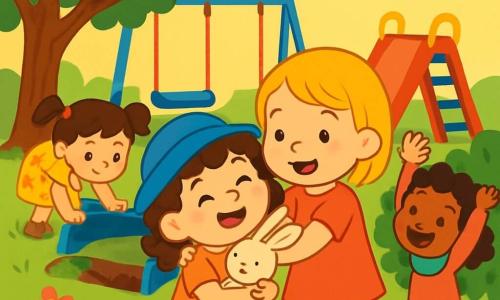 There are 4 children: Mia, a 6-year-old girl with curly brown hair wearing a blue hat, sitting on the grass holding her little stuffed rabbit with a joyful smile; Ruby, a 5-year-old girl with straight blonde hair in shiny red shoes, standing next to Mia giving her a comforting hug; Emma, a 6-year-old girl with brown hair in pigtails wearing a yellow floral dress, crouching near the swing looking curiously under the bench; and Zoe, a 5-year-old girl with curly black hair wearing a green scarf, standing by a bush with her arms raised and a big smile as if she just found something precious. The scene takes place in a sunny park with a large tree, colorful swings, and a red slide, surrounded by soft green grass and multicolored flowers. The main situation shows the four friends searching for Mia's lost rabbit, joyful and united, with expressions of enthusiasm and friendship, ready to help each other find the precious toy.