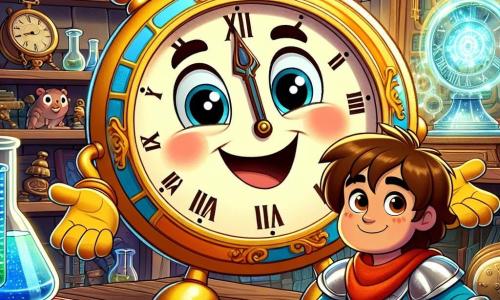 Al centro dell'immagine, Tic-Toc, un orologio da tavolo sorridente con un grande quadrante rotondo e lancette che sembrano braccia, è in piedi su un tavolo di legno, con gli occhi brillanti di eccitazione. Accanto a lui, Arturo, un giovane apprendista cavaliere, indossa un'armatura lucente e un tabardo rosso, con i capelli castani in disordine e uno sguardo determinato, mentre tiene un vecchio libro di enigmi. Il contesto è un laboratorio di scienze magiche, pieno di provette colorate, libri antichi e una grande macchina del tempo scintillante sullo sfondo. Tic-Toc e Arturo si preparano ad attivare la macchina del tempo, circondati da una luce dorata e scintillante che simboleggia il viaggio nel tempo, pronti ad avventurarsi insieme nel passato.