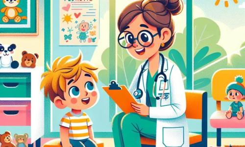 Pani Doktor Maja, uśmiechnięta i życzliwa lekarka, nosi białą odzież i stetoskop na szyi. Ma brązowe włosy związane w kok oraz okrągłe okulary, które nadają jej przyjazny wygląd. Bada małego chłopca, Kubę, który ma około 6 lat. Kuba ma rozczochrane blond włosy i zmartwioną twarz, ale zaczyna się uśmiechać dzięki życzliwości lekarza. Scena rozgrywa się w kolorowej poczekalni kliniki pediatrycznej, z ścianami ozdobionymi rysunkami dzieci, zabawkami porozrzucanymi po podłodze i wygodnymi krzesłami. Na końcu znajduje się duże okno, które wpuszcza światło słoneczne, oświetlając radosną przestrzeń. Główna sytuacja pokazuje Panią Doktor Maję, która leczy Kubę z lekkim bandażem na czole. Mówi do niego z czułością, pokazując kolorową naklejkę w kształcie samochodu, aby go uspokoić. Atmosfera jest ciepła i pocieszająca, wypełniona śmiechem i współczuciem.