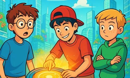 Há 3 personagens: - Lucas: um garoto de 12 anos, com cabelo castanho bagunçado e óculos redondos. Ele está de pé à esquerda, com os olhos arregalados de surpresa, olhando ao redor. - João: um garoto de 12 anos, com cabelo preto liso, usando um boné vermelho ao contrário. Ele está no centro, inclinado sobre uma máquina do tempo, com um sorriso confiante, manipulando botões luminosos. - Pedro: um garoto de 12 anos, com cabelo loiro e sardas. Ele está à direita, com os braços cruzados, exibindo uma expressão curiosa, observando a máquina. O cenário é uma vasta cidade futurista, com edifícios de vidro cintilante, jardins verticais repletos de flores coloridas e painéis solares nos telhados. O céu é azul brilhante, com nuvens brancas fofas, e carros voadores cruzam o ar acima deles. A cena principal mostra os três amigos descobrindo sua máquina do tempo, cercados por uma luz dourada e uma atmosfera mágica, prontos para explorar um mundo futurista fascinante, repleto de inovações ecológicas e tecnologias surpreendentes.