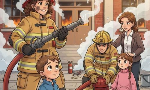 Mujer bombero adulta, cabello rizado castaño, casco rojo brillante y chaqueta amarilla con bandas reflectantes, rostro con algo de hollín pero sonrisa tranquilizadora, postura decidida, sujetando una gran lanzadera de agua humeante y mirando a los niños; junto a ella un bombero de unos 35 años, torso inclinado, conectando una manguera roja a la boca de incendio, casco puesto y expresión concentrada con salpicaduras de agua en las botas; maestra de unos 30 años de pie junto al grupo, manos en los hombros de un niño, ropa escolar ligeramente arrugada y mirada aliviada protegiéndolos; niño de unos 8 años en primer plano, ojos admirados, chaqueta azul y una taza de plástico mirando a la bombera como a una heroína; niña de unos 7 años con dos trenzas y suéter rosa sujetando la mano de la maestra, algo pálida pero curiosa; fondo con fachada de escuela de ladrillo rojo, ventanas algo ennegrecidas por el humo, escaleras de entrada invadidas por humo blanco, extintores y cubos esparcidos; atmósfera de fin de intervención con humo disipándose, destellos de agua brillando al sol dorado, colores cálidos contrastando con manchas de hollín y una sensación de esperanza y coraje.