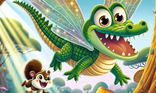 Um crocodilo chamado Caio, com escamas verdes brilhantes e olhos curiosos, voa alegremente no céu, suas asas cintilantes abertas como as de uma fada. Ele sorri amplamente, transbordando de excitação e felicidade. Ao seu lado, um pequeno esquilo chamado Tico, com pelagem marrom e olhos travessos, corre em um galho, incentivando Caio a segui-lo em sua aventura. Ao fundo, uma floresta mágica se ergue, com árvores de troncos coloridos, flores gigantes e raios de sol filtrando pelas folhas, criando uma atmosfera encantada. A cena retrata Caio e Tico em plena corrida aérea, prontos para explorar as maravilhas da floresta enquanto se divertem juntos.