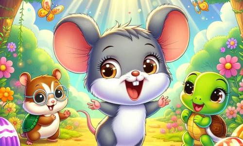 Uma pequena camundonga chamada Mimi, com pelagem suave e cinza, olhos brilhantes de curiosidade e uma grande orelha erguida, está no centro da cena, sorrindo entusiasticamente ao descobrir um tesouro de doces coloridos e brinquedos brilhantes. Ao lado dela, um travesso porquinho-da-índia chamado Zeca, com pelagem marrom e olhos redondos, salta de alegria, enquanto uma tartaruga chamada Tina, com carapaça verde e óculos redondos, aplaude lentamente, maravilhada com a descoberta. Ao fundo, uma floresta encantada se estende, com árvores majestosas de folhas brilhantes e flores multicoloridas dançando ao vento, criando uma atmosfera mágica. A cena mostra Mimi e seus amigos celebrando a descoberta de um tesouro escondido, cercados de risos e alegria, com raios de sol filtrando pelas ramas, iluminando sua felicidade.