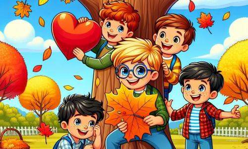 In a colorful autumn park, four boys stand around a large oak tree with golden leaves. Max, an eight-year-old boy with brown hair and glasses, smiles while holding a red paper heart. Next to him, Jake, another boy with blond hair and sparkling eyes, proudly shows a large orange maple leaf. Leo, a boy with brown hair and glasses, is crouched down picking up a shiny yellow leaf, while Sam, a boy with black hair and freckles, is making faces with a small green leaf in his hand. The park is filled with vibrant colors, featuring majestic trees with fiery leaves, piles of crunchy leaves on the ground, and a light blue sky dotted with fluffy white clouds. The boys are collecting leaves for their school project on autumn, laughing and sharing stories about the different colors and shapes of the leaves they find.